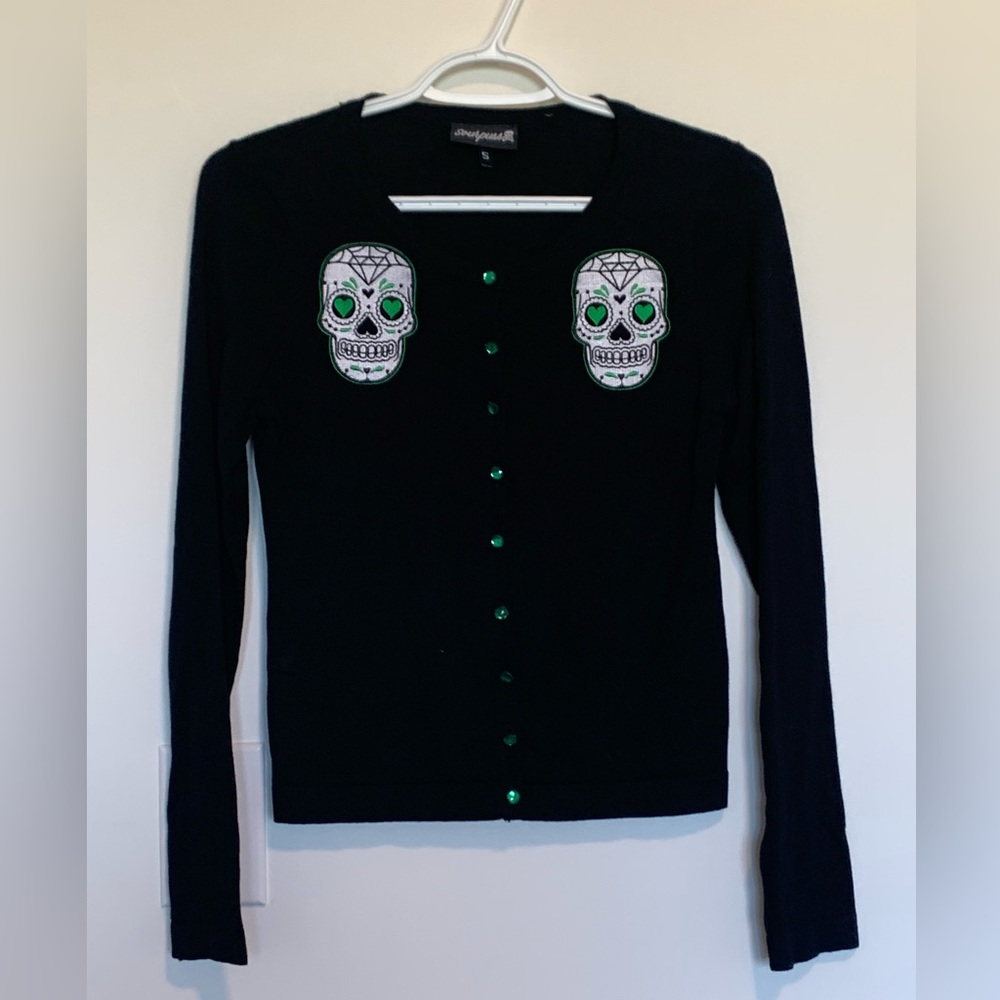 Sourpuss Black Button Front Cardigan Skulls Size Small Halloween Green Button